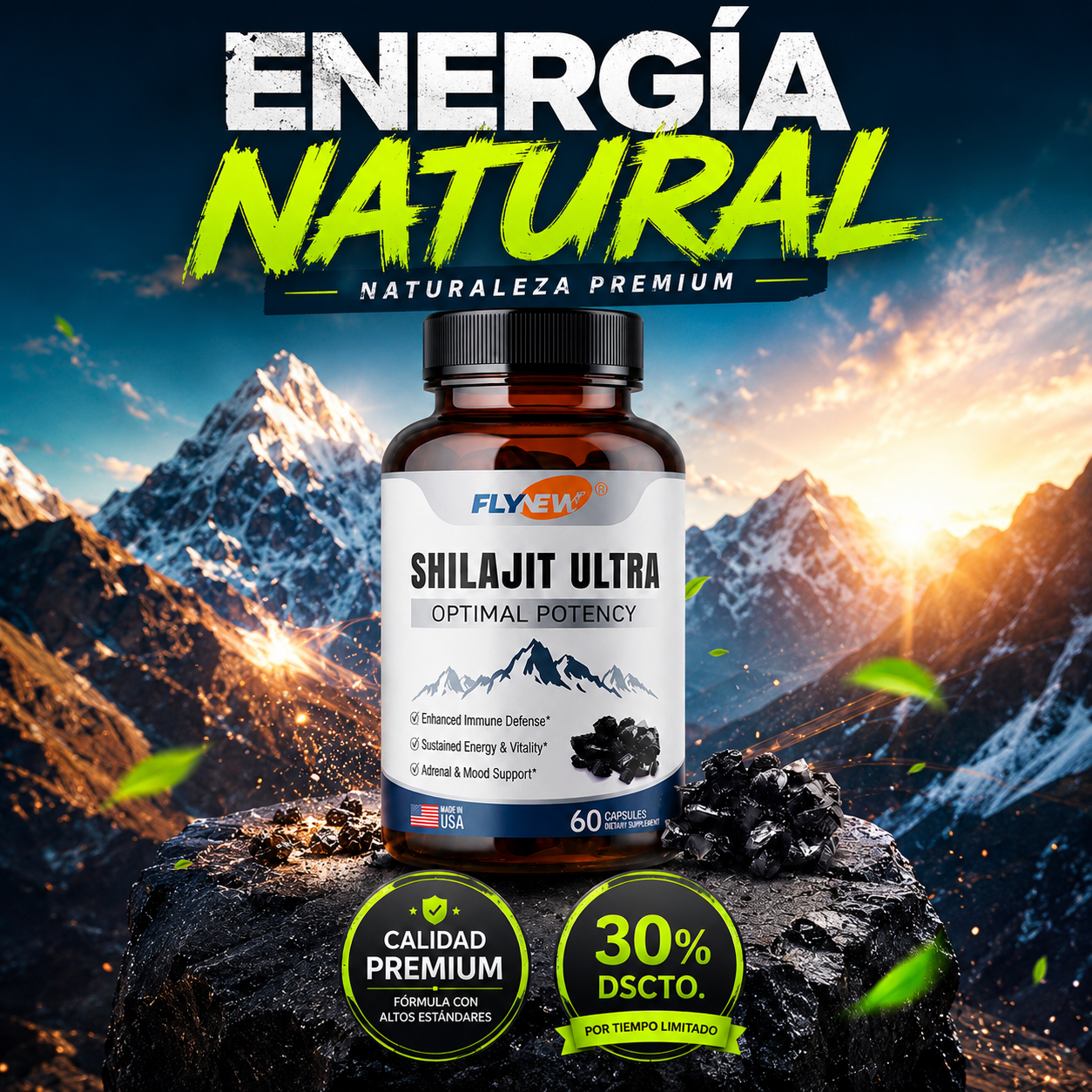 Shilajit Ultra by FLYNEW- Energía Natural de Formula Ultra Potente  (60 cápsulas)